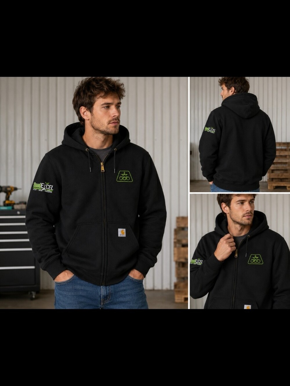 Carhartt XL Black Hooded Jacket Seed Excel Promotional Workwear Loose Fit